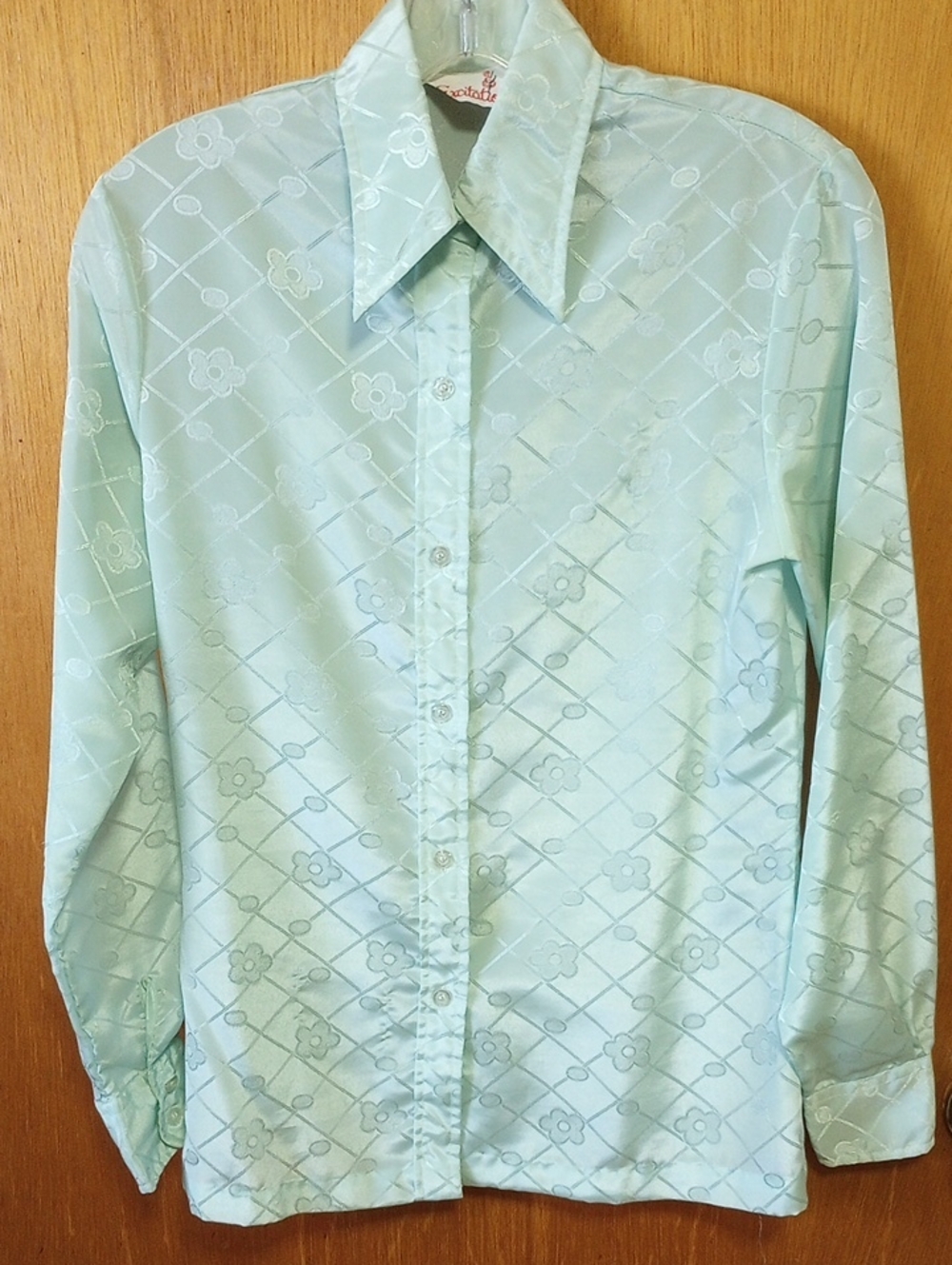 Excitation Vintage Mint Green Polyester Floral Button Down Blouse w/ Collar